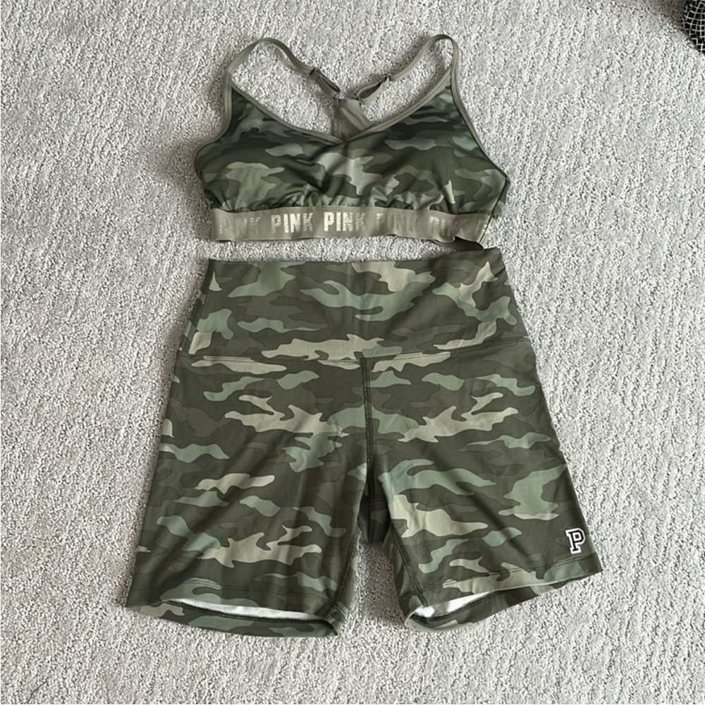 EUC L VS PINK Ultimate camo workout set high waisted biker spandex & sports bra
